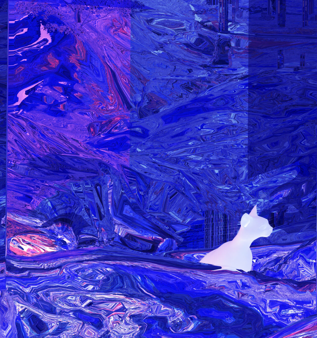 Detail of a cat intently gazing at an empty birdcage in Ommery De Zutter’s digital artwork, evoking tension and mystery while reflecting the artist’s exploration of unattached longing and dynamic interplay.